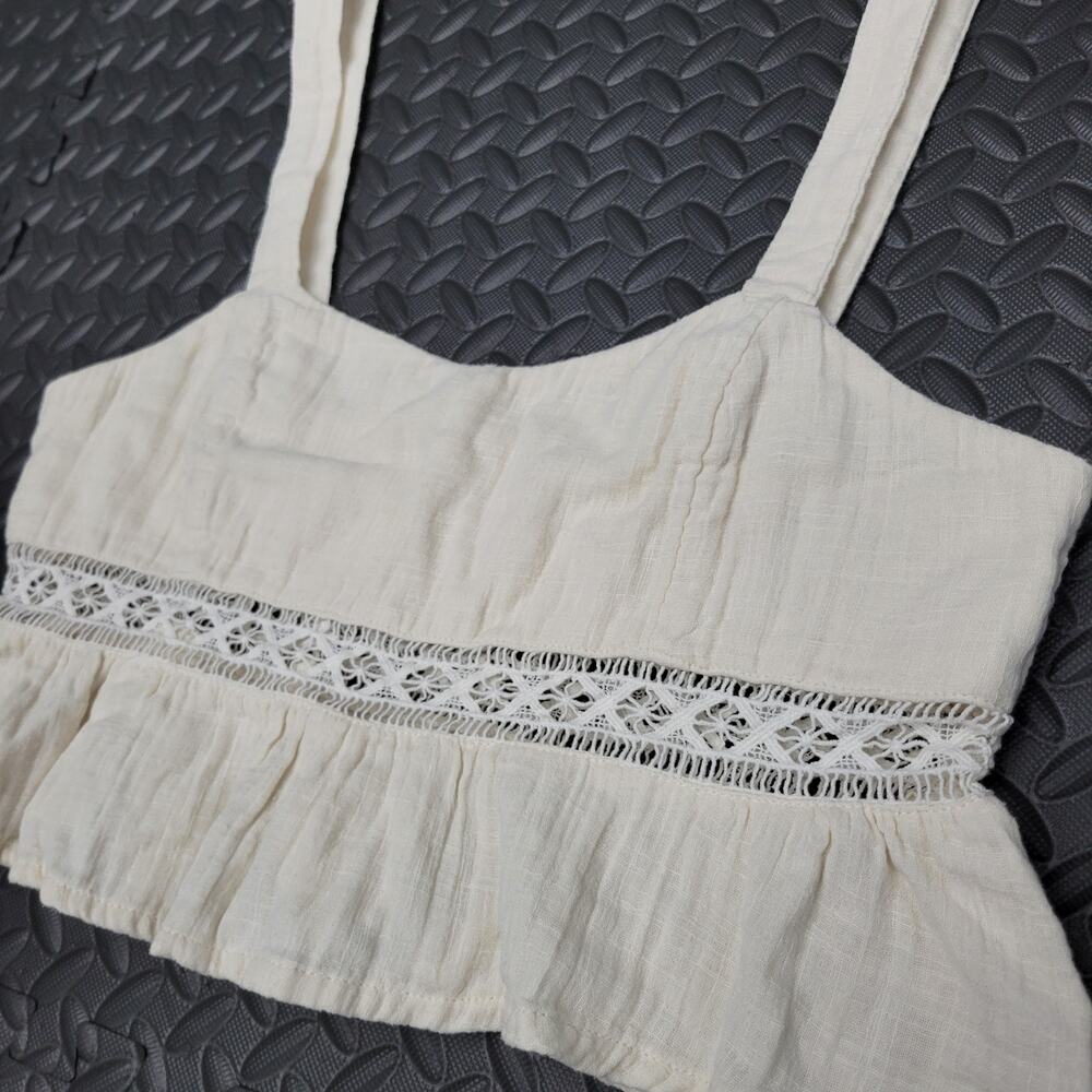 Roxy Ivory Crochet Trim Peplum Crop Tank Top XS Boho Coastal Cottagecore